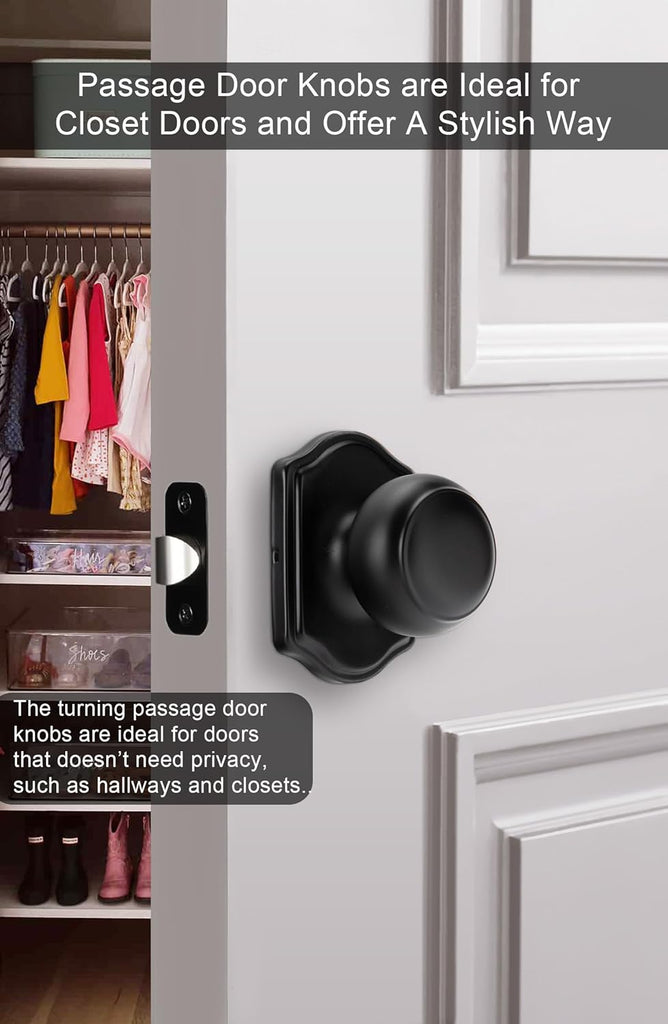 Matte Black Closet Door Knobs Interior No Lock, Passage Door Knobs Hallway, Black Door Knob Without Lock 6 Pack