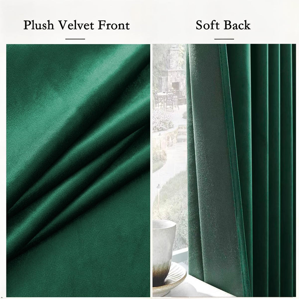 Dark Green Velvet Blackout Curtains 42x96 inches, 2Pcs, Back Tab