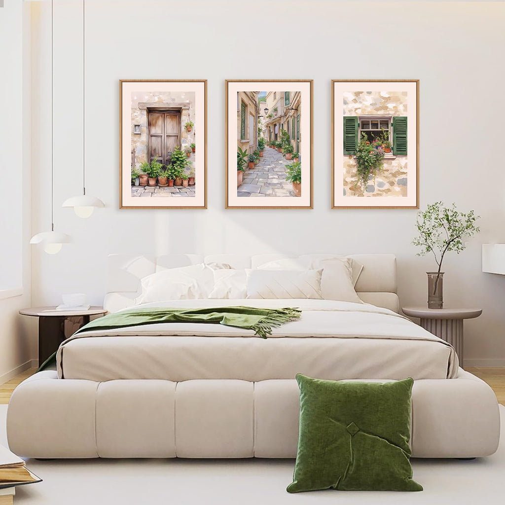 Italy Streets Travel Framed Wall Art Set, Green Botanical Wall Decor, Vintage Italian Style Countryside Villages Wall