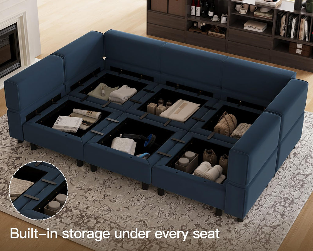 Modular Velvet Sectional Sofa with Chaise Lounge Sectional Sleeper Sofa with Storage Chaise Bed Couch Blue