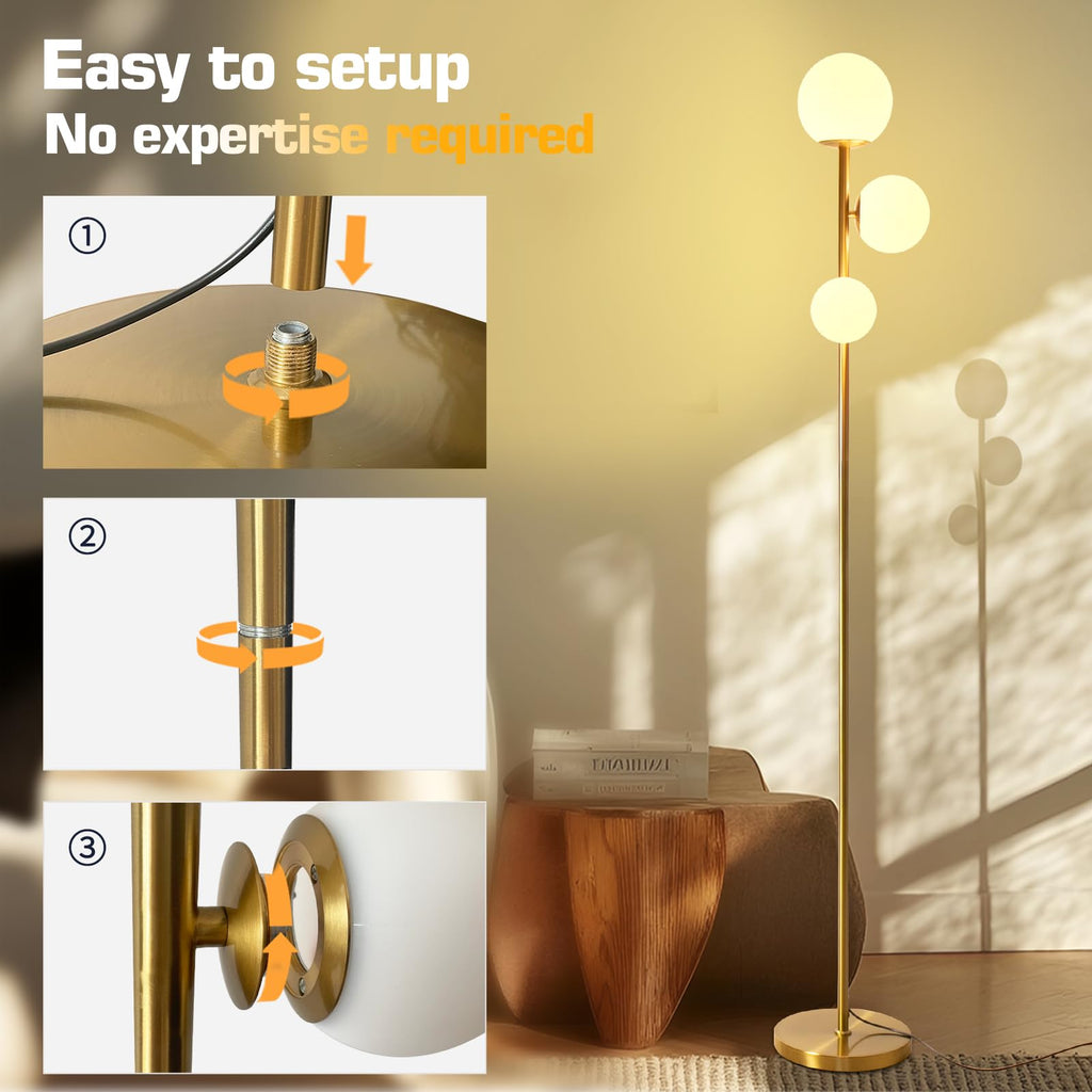 Mid Century Gold Floor Lamp - Dimmable, Remote & Touch, 3-Light