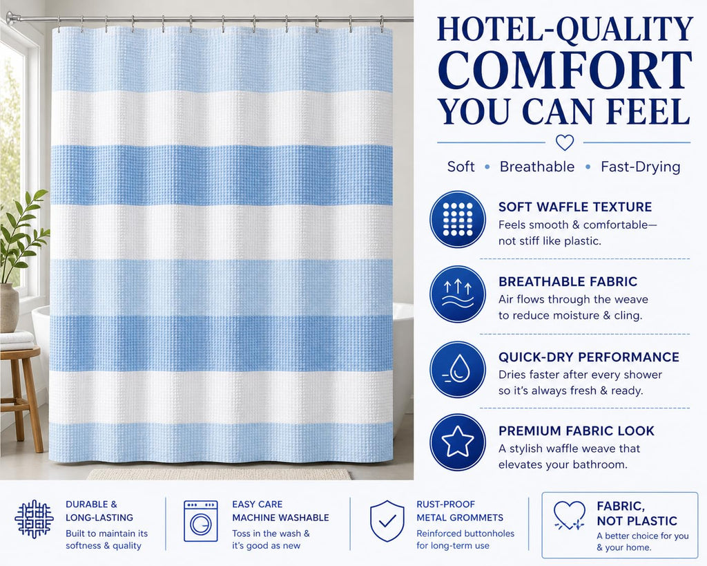 Ombre Waffle Weave 70 x 72 Blue Textured Fabric, Hotel Style Waffle Weave Bathroom Curtain, Water Resistant