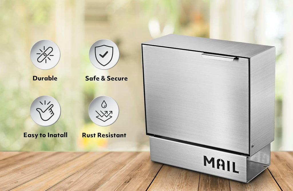 Stainless Steel Mailbox for Walls, Heavy Duty Wall Mounted Mailbox with Newspaper Holder - Silver