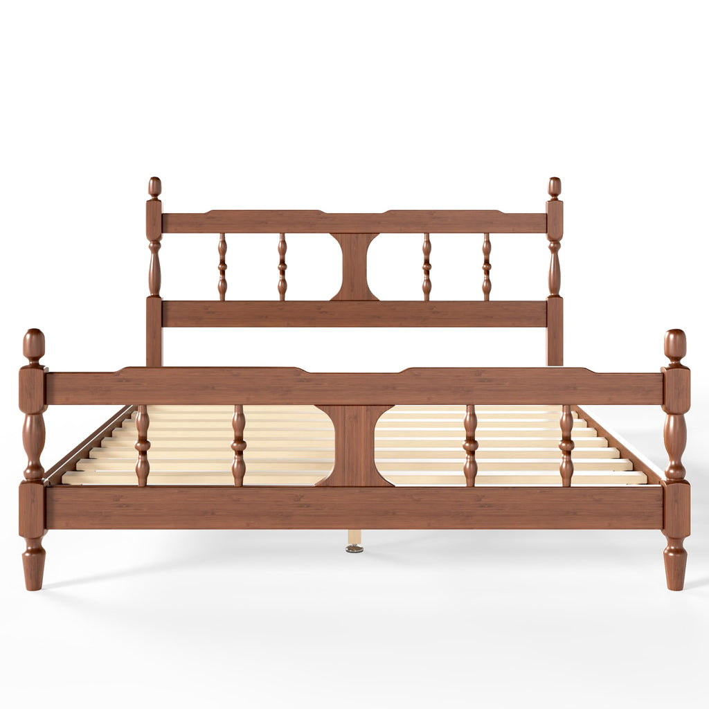 Queen Vintage Wood Spindle Post Bed, Bamboo Platform Bed, Brown