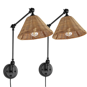 Wall Sconce Rattan Wrapped Wall Lamp, Adjustable Swing Arm Wall Light Fixture Vintage Bedside Light Wicker Handmade