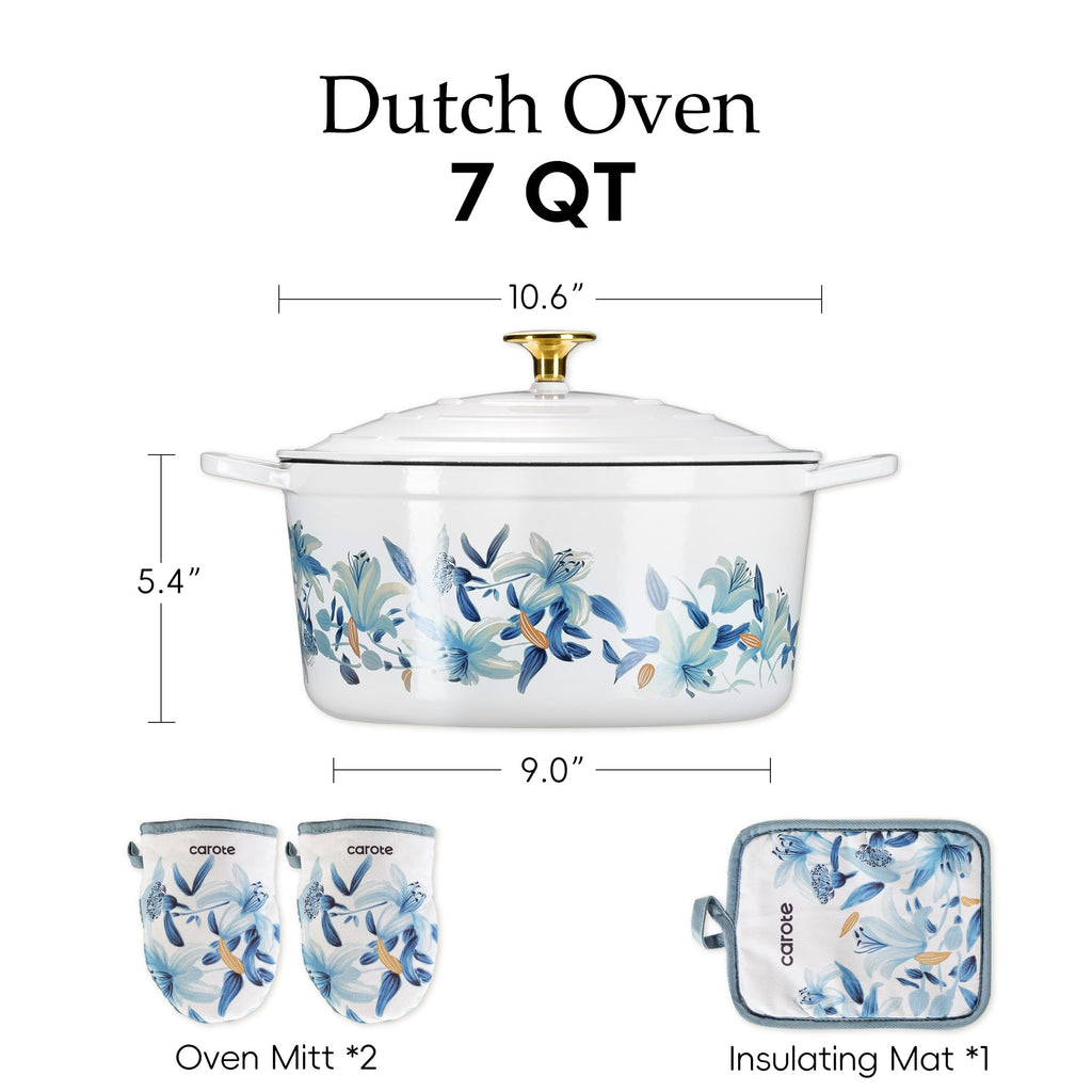 7QT Enameled Cast Iron Dutch Oven Pot with Lid, White & Blue