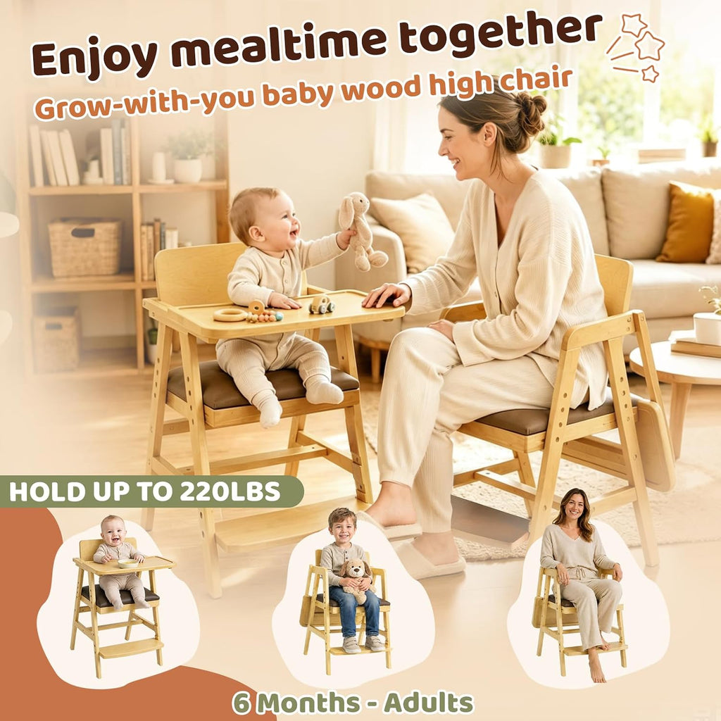 3-in-1 Wooden High Chair for Baby & Toddler with Adjustable Tray, Natural | Ergonomic Design, Built-in Foot Steps