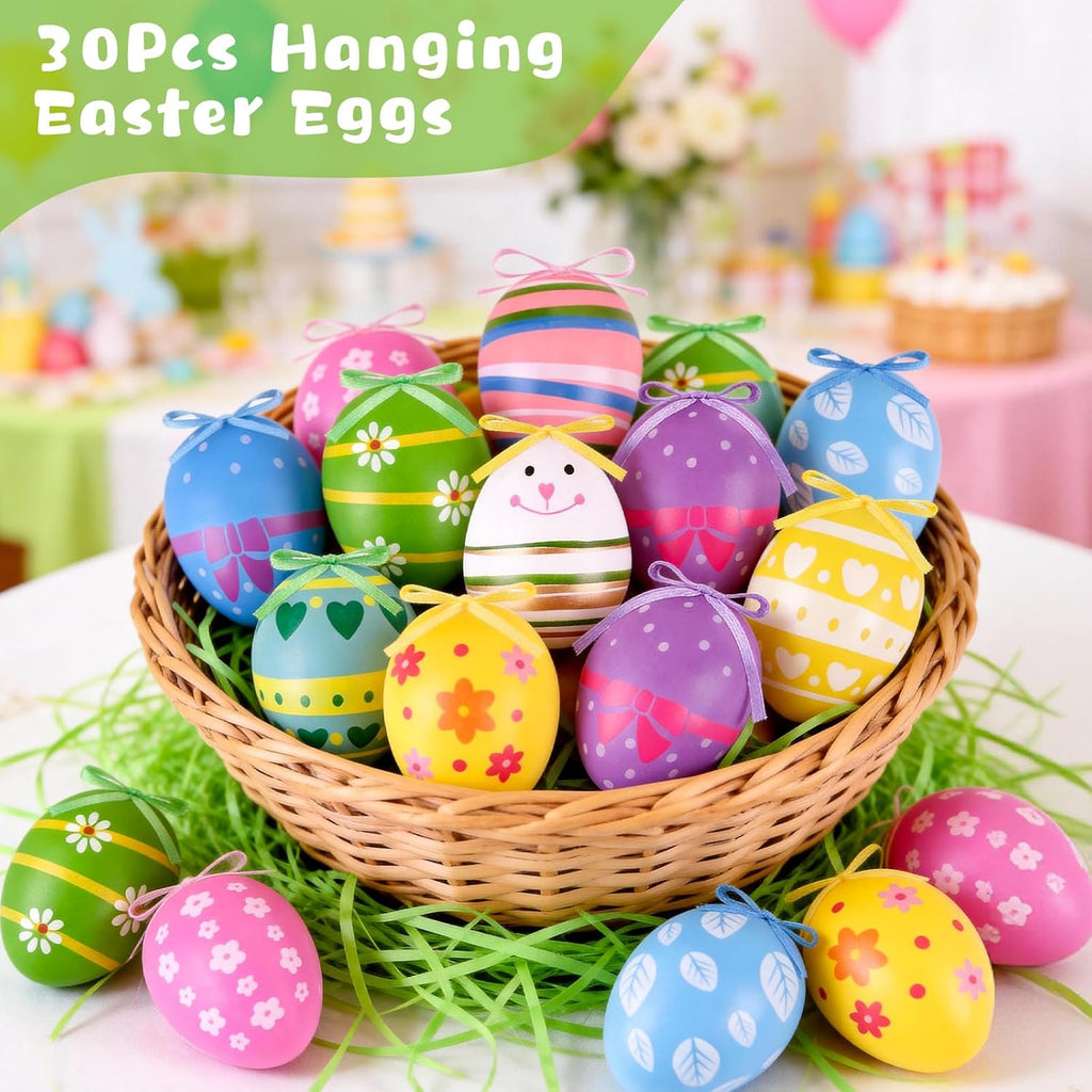 Easter Tree Ornaments, Hanging Plastic Easter Eggs Party Decorations for Basket Party Home Outdoor Garden - Set of 30