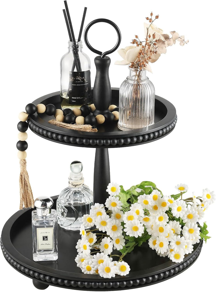 Beaded Tiered Tray Stand, Rustic Wooden 2 Tier Decorative Tray with Bead Garland, Farmhouse Round Wood Serving Tray