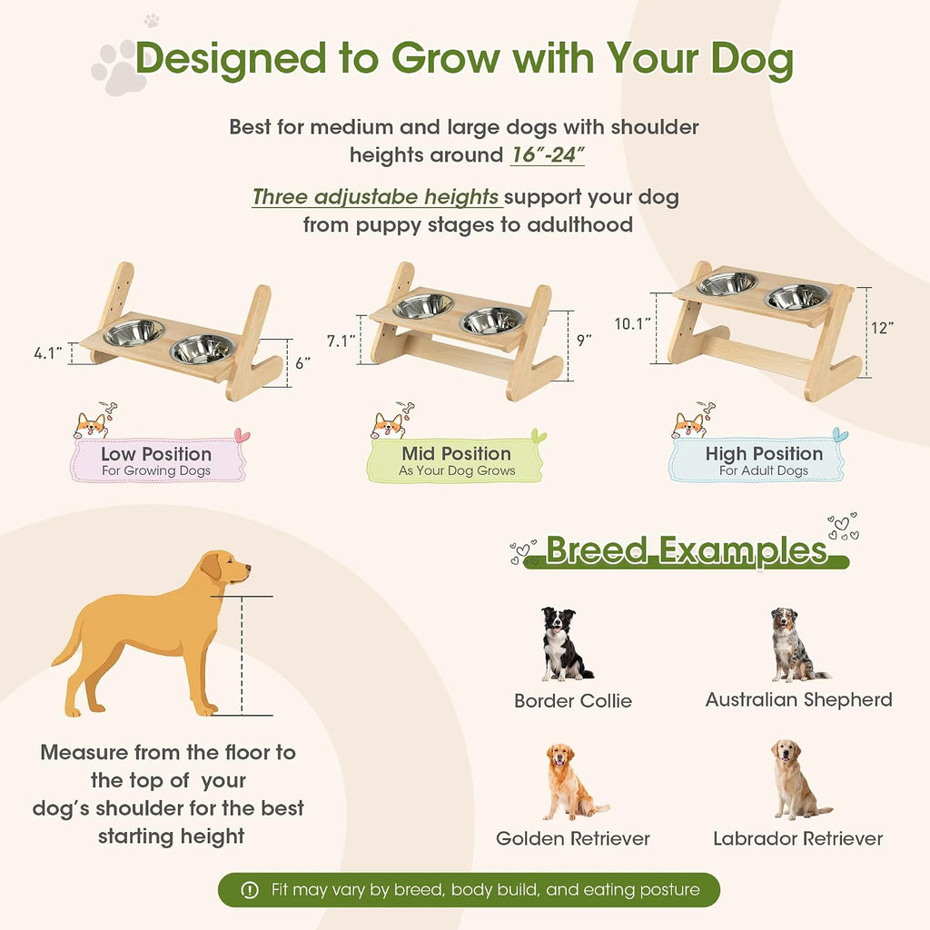 Solid Birch Wood Elevated Dog Bowl Stand for Large & Medium Dogs