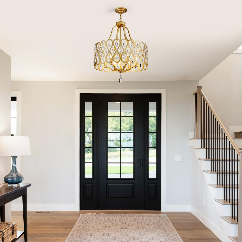 22" Gold Crystal Chandeliers 6 Lights Hanging Pendant Lighting Fixture Metal Farmhouse Chandelier Island Entryway