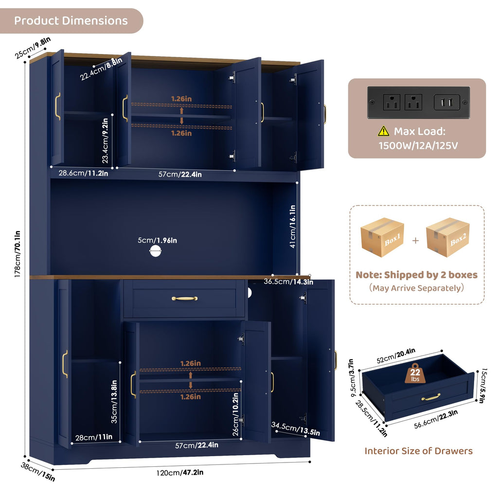 70" H LED Kitchen Pantry Cabinet, Hutch with Charging Station, Blue