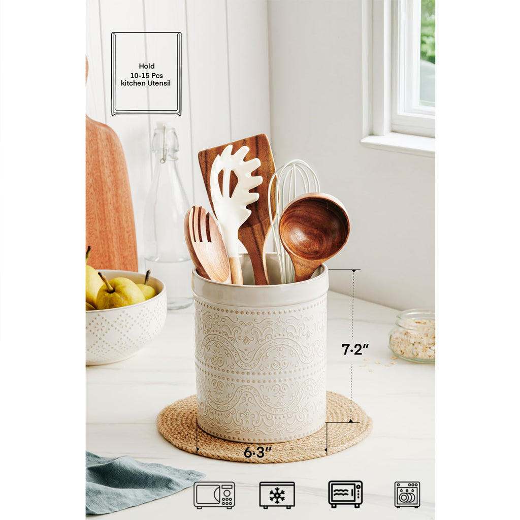 Kitchen Utensil Holder, 7 Inches Large Ceramic Utensil Holder for Countertop, Lace Emboss Cooking Utensil Crocks