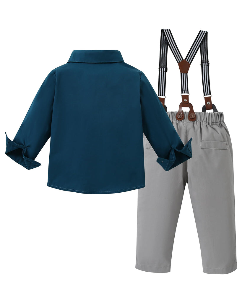 Boys Church Outfit Long Sleeve Dark Blue Grey Dress Shirt Bow Tie Suspender Pants Toddler Formal Outfit Boy