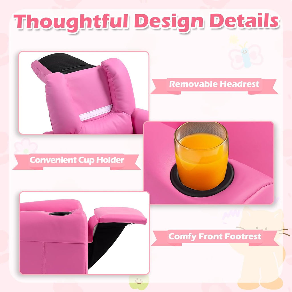 Kids Recliner Chair with Cup Holder, Leather Toddler Recliner with Adjustable Backrest, Curved Rocking Legs and Comfy