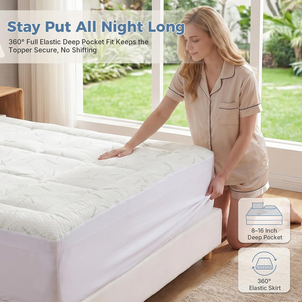 Queen 3in Dual Layer Gel Memory Foam Bamboo Rayon Mattress Topper | 2 Inch Memory Foam & 1 Inch Bamboo Rayon Pillow