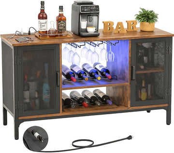 Wine Bar Cabinet with Power Outlets & LED Lights, Rustic Brown | Industrial Coffee Bar Cabinet with Wine Rack Bar