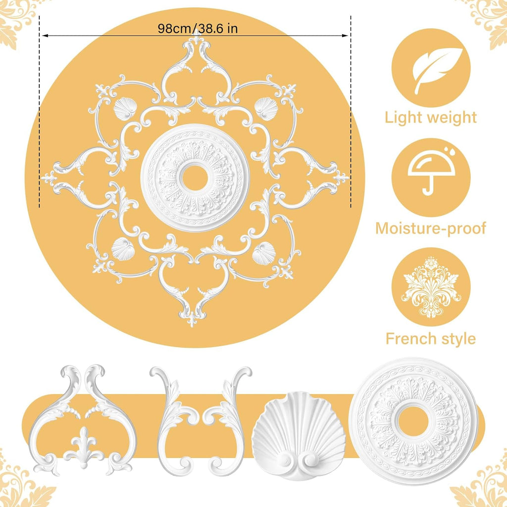 38.6'' Large PU Ceiling Medallion Combination Decorative 2.36'' ID French Style Chandelier Base Ceiling Medallion for