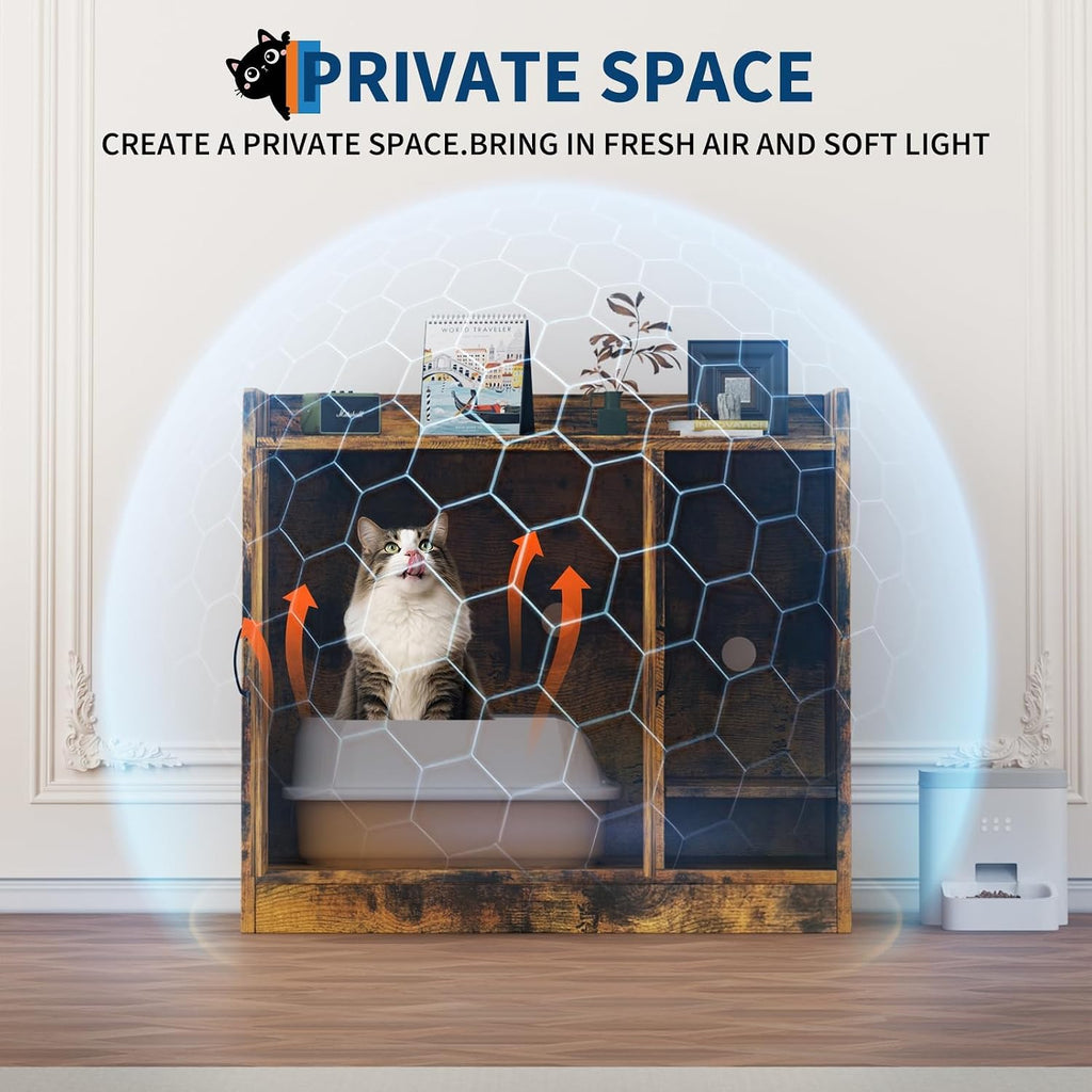 Large Hidden Cat Litter Box Enclosure Cabinet, 2 Ways Usage Wooden Cat House Side Table with Double Doors Vent Hole