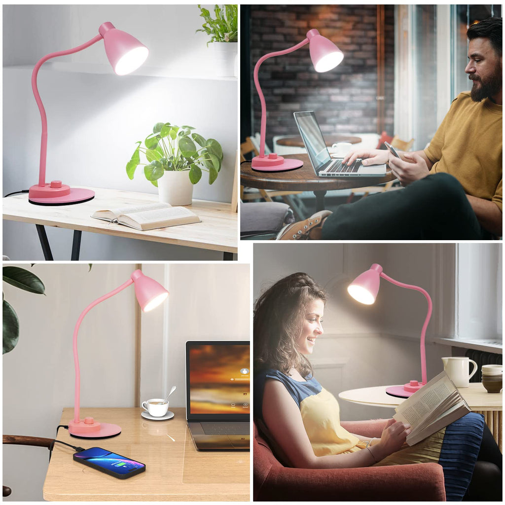 Cute Desk Lamp with USB Charging Port, 3 Color Modes Dimmable, Pink