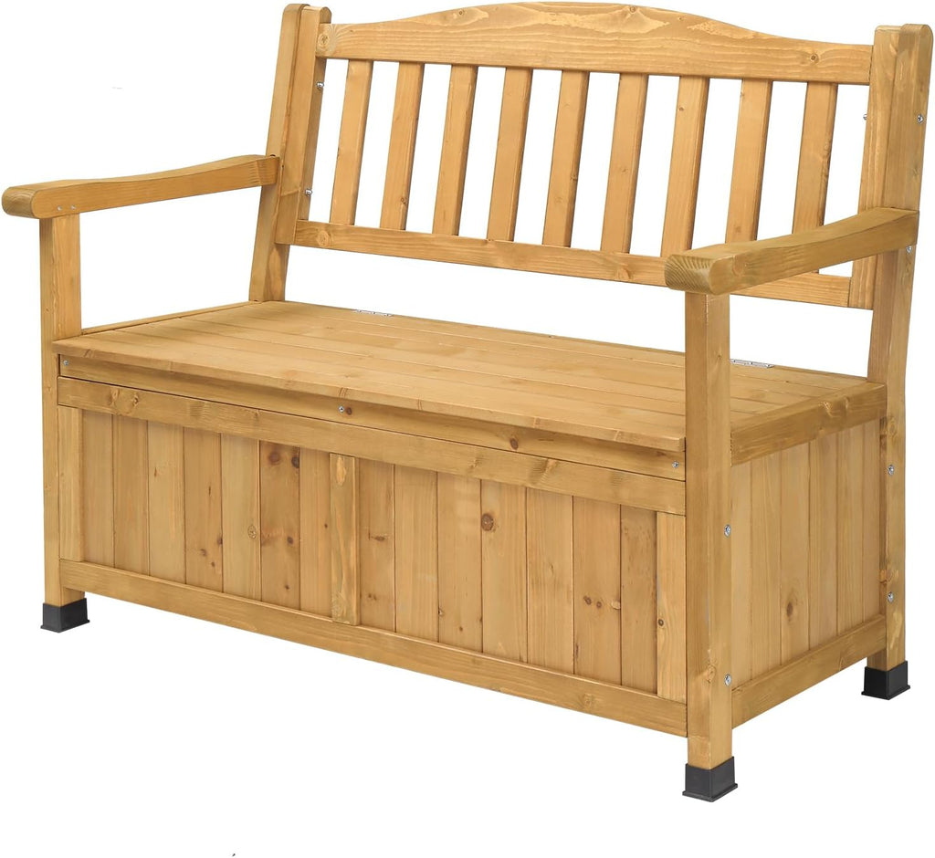 Outdoor Wooden Storage Bench, Large Deck Box with Seating & Armrest, Patio Organizer Loveseat for Garden Porch
