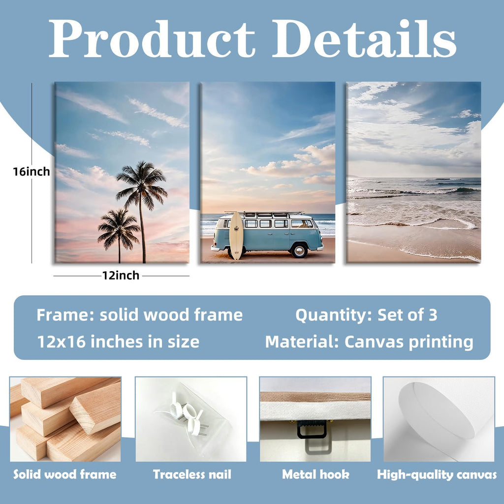 3 Pcs Boho Coastal Beach Wall Art Canvas Prints Ocean Decor 12x16In