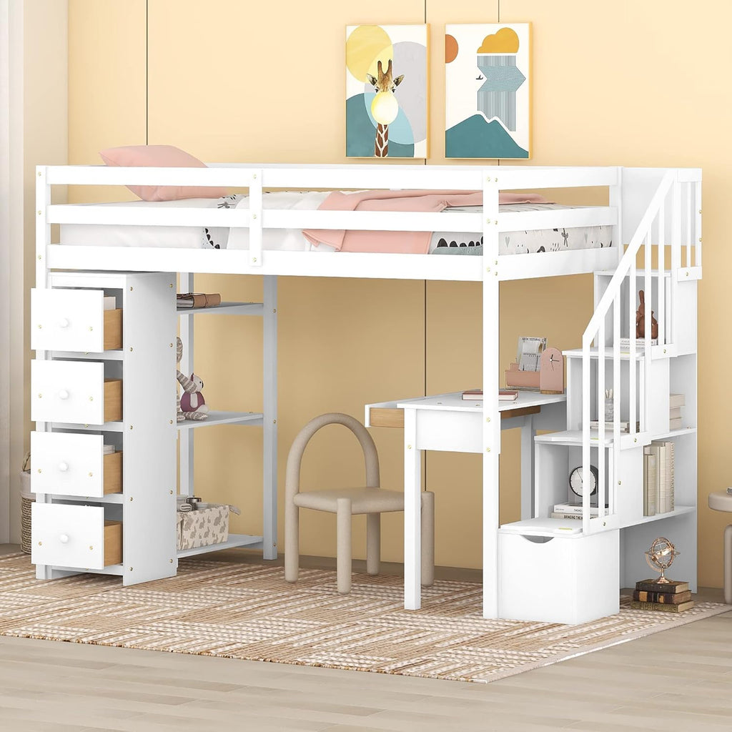 Loft Bed Twin with Desk and Storage Stairs, Space-Saving Wood Bed Frame with Drawers and Shelves