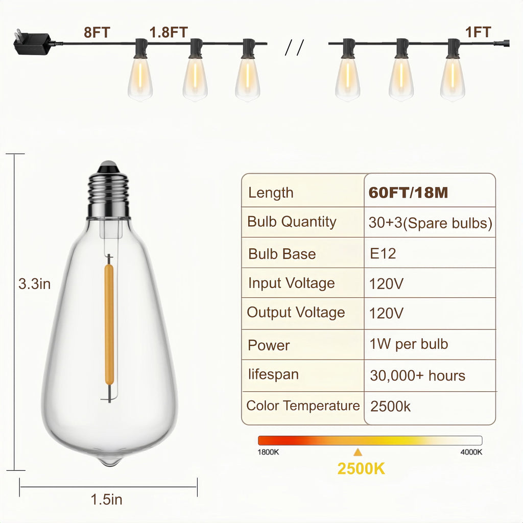 60FT Outdoor String Lights ST38 LED with Remote Waterproof Dimmable