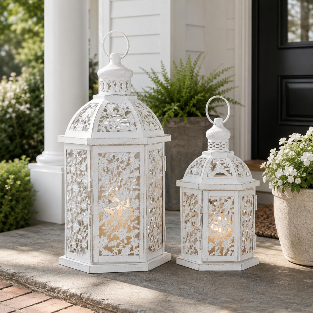 Lanterns Decorative Outdoor&Indoor, Set of 2 (15"&7") White Metal Lantern Decor, Candle Holder for Porch, Patio