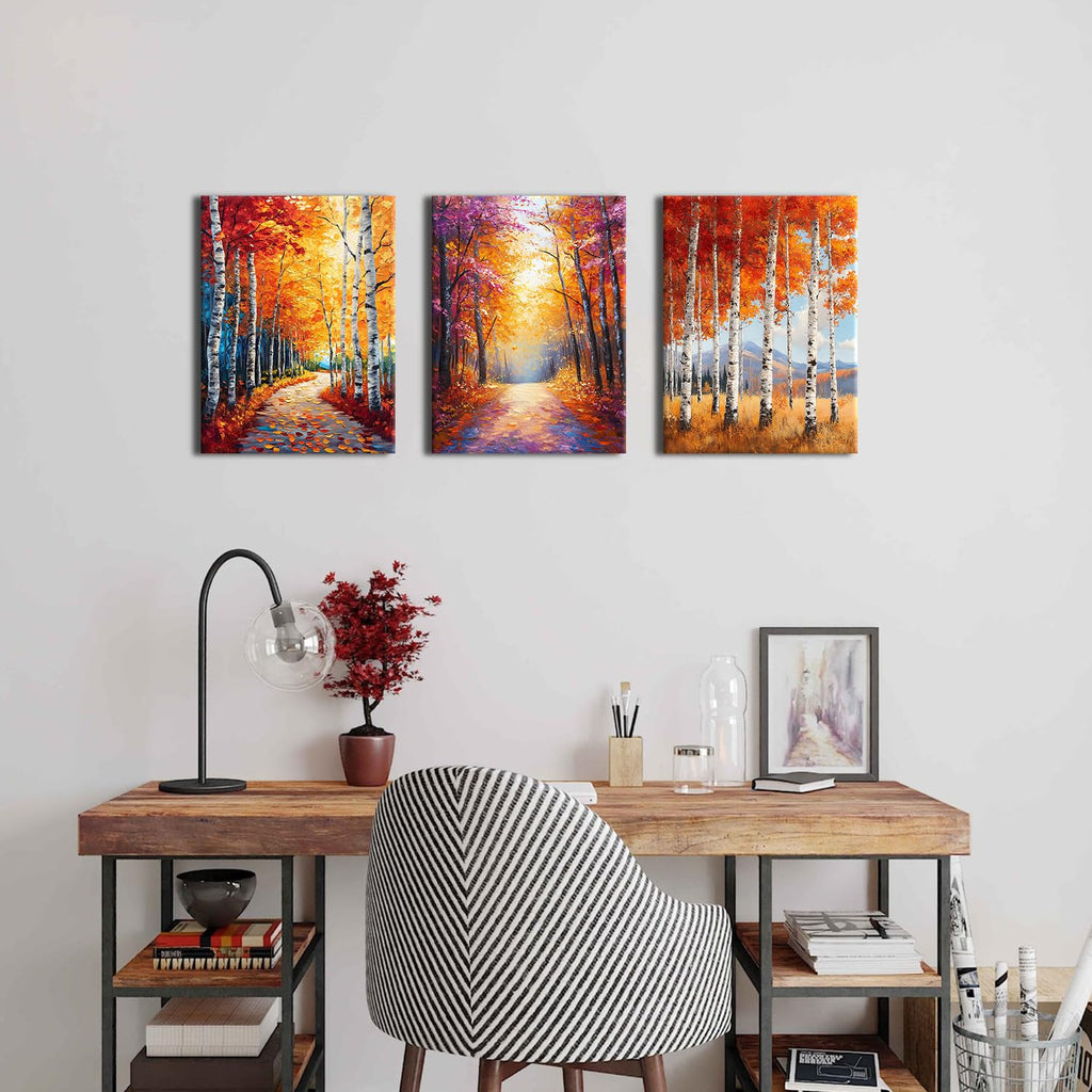 Fall Canvas Wall Art Autumn Forest Wall Decor Nature Orange Birch Trees Landscape Pictures Oil Paintings Reproduction