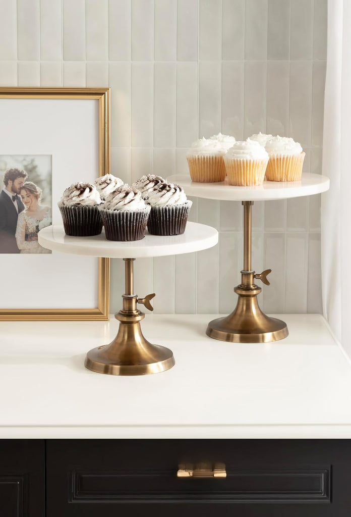 Engles Modern Adjustable-Height Round Marble Cake Stand, 10 Inch Diameter, White and Antique Brass, Marble Pedestal