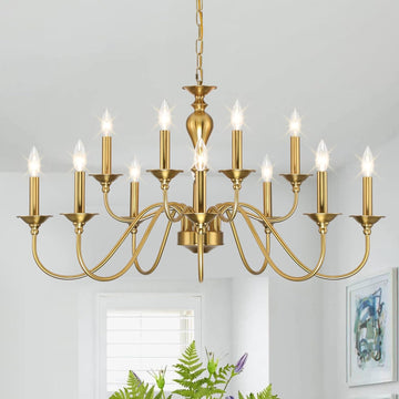 12 Light Gold Farmhouse Chandeliers for Dining Room Light Fixtures Over Table,Industrial Candle Hanging Chandelier for Living Room Foyer Staircase Bedroom Kitchen Island Restaurants