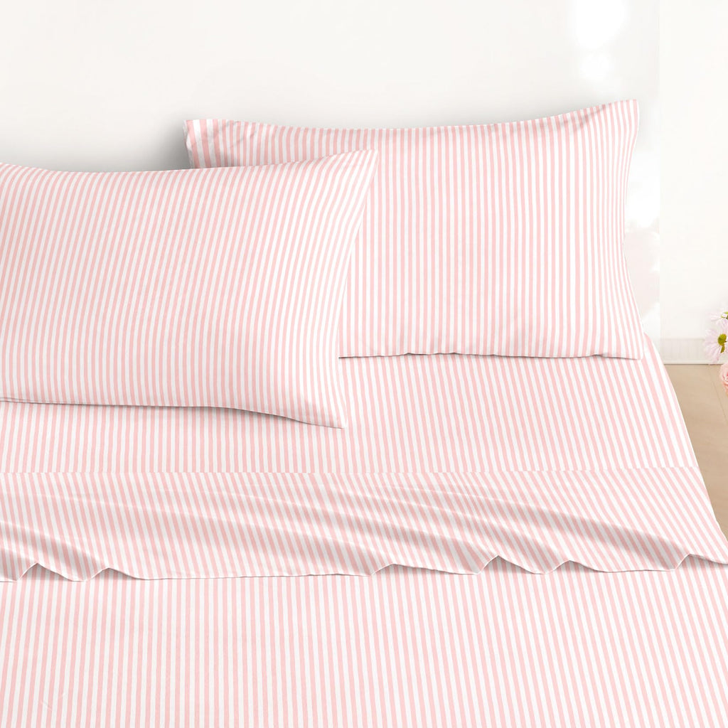 Striped Bed Sheets, 4-Piece Sheet Set, Ticking Vertical Pin Stripe Modern Farmhouse Pattern Printed Bedding, Deep