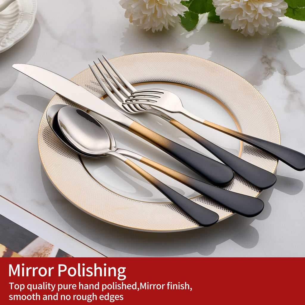 Colorful Silverware Set 20 Piece 18/0 Stainless Steel Flatware Black and Gold Handle Cutlery Set Service for 4 Fork