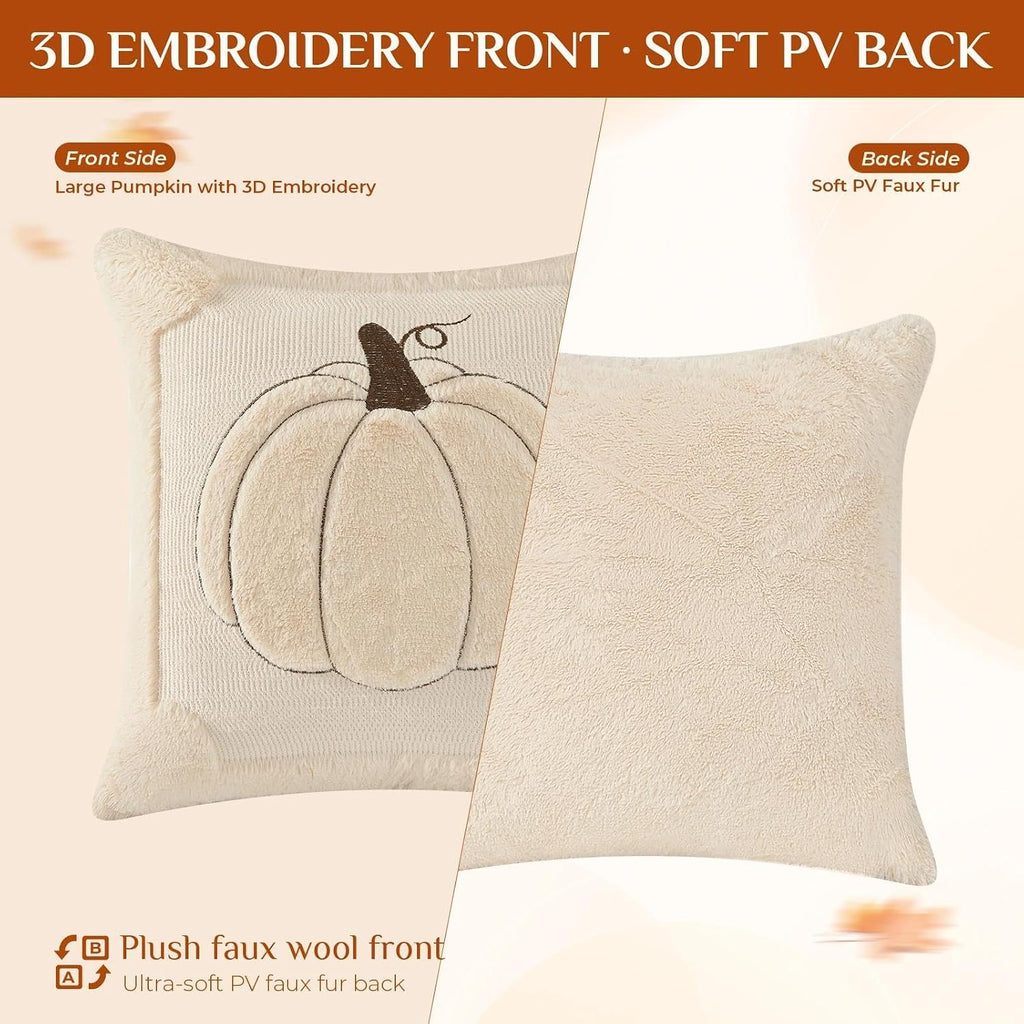 Fall Throw Pillow Covers 18x18 Double-Sided Beige Pumpkin Plush - Set of 2