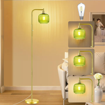 Dimmable Gold Floor Lamp with Ribbed Shade, Vintage Green Standing Lamp Dimmable with Solid Base, Arc Floor Lamps