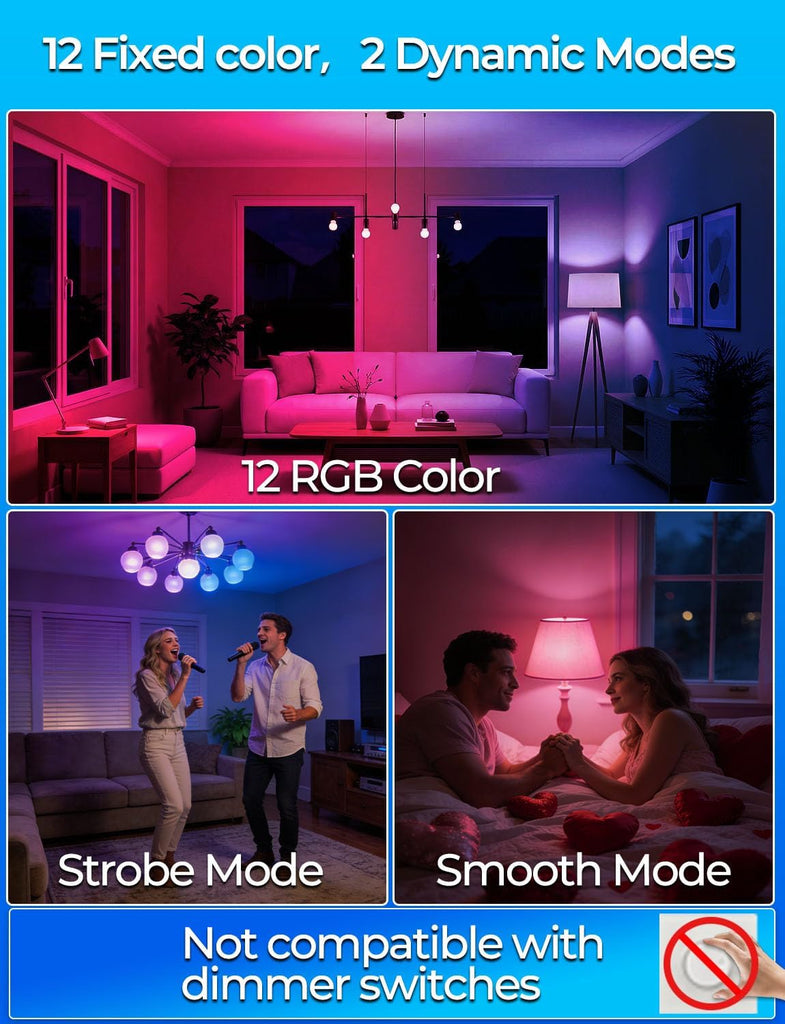 RGB LED Light Bulb, Color Changing Light Bulb, 40W Equivalent, 450LM, 2700K Warm White 5W E26 Screw Base RGBW, A15