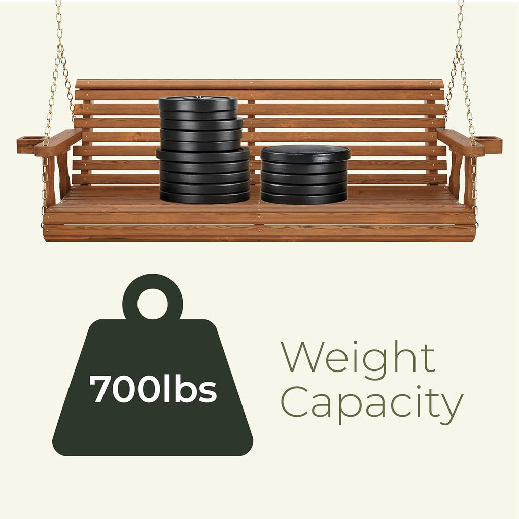 Casual Heavy Duty 700 Lb Capacity Porch Swing (5 Foot, Cedar Stain) - Wooden Outdoor Roll Back Swing with Hanging