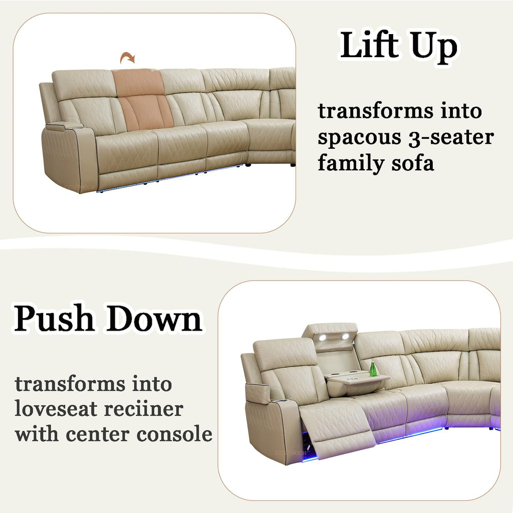 Living Room Furniture Sets, Power Recliner Sectional Sofa with LED Light, Leather Reclining Sectional Couches Set