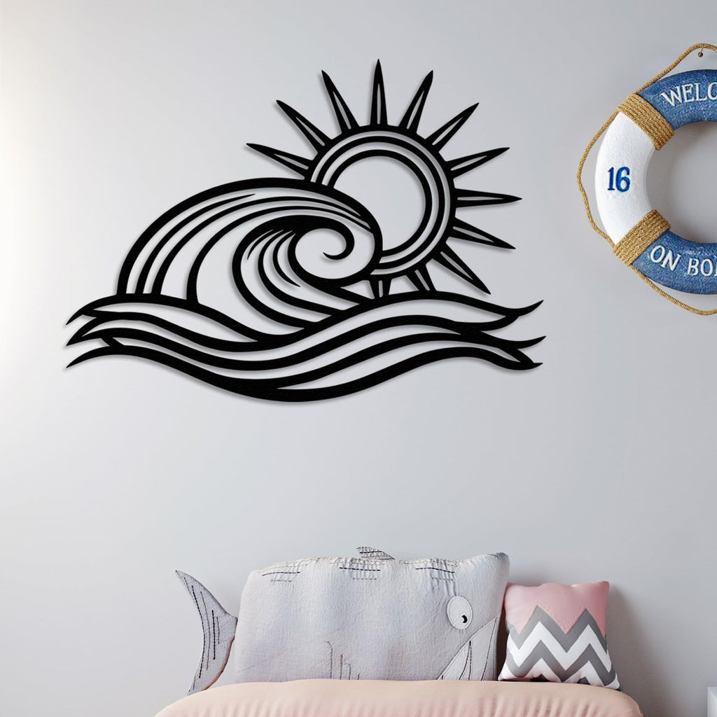 Ocean Wave Metal Wall Art, Sun Beach Decor, Coastal Large Wall Sculpture, Indoor/Outdoor Use, Nautical Wall Hanging