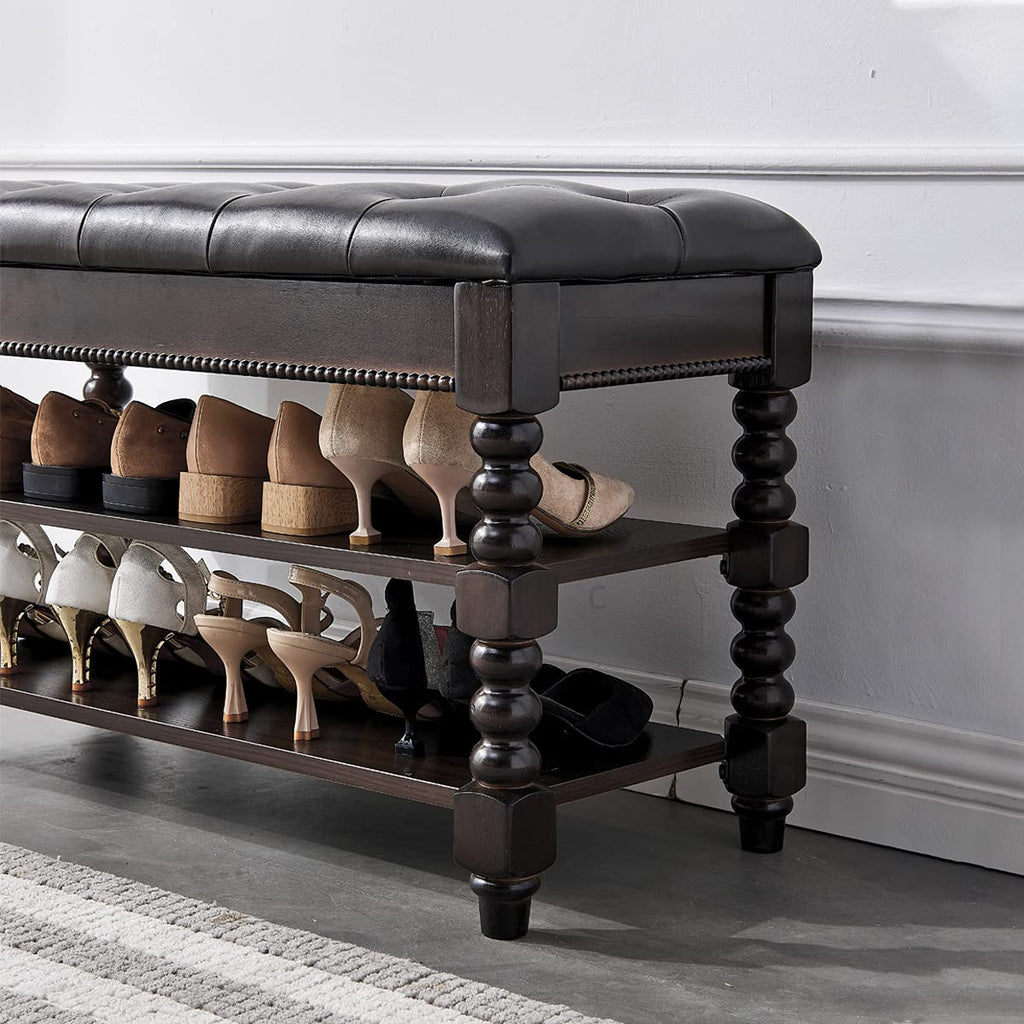 Shoe Bench, Wood Storage Bench with Cushion Seat, Shoe Rack with Hidden Storage Space Living Room Bedroom Hallway