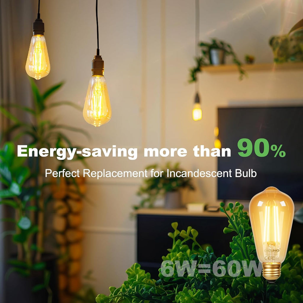 E26 Edison Bulbs 60W, 2200K Amber Warm, 6W LED Edison Bulb ST64, Amber Glass, Vintage LED Light for Home, 600LM, Non
