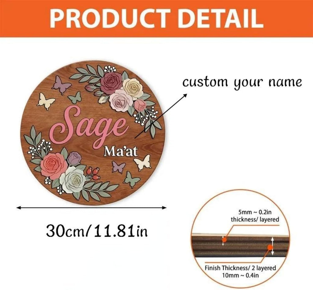 Personalized Wooden Name Sign, Custom Floral Round Wall Decor, Rustic Wooden Name Plaque, Nursery Room Decor