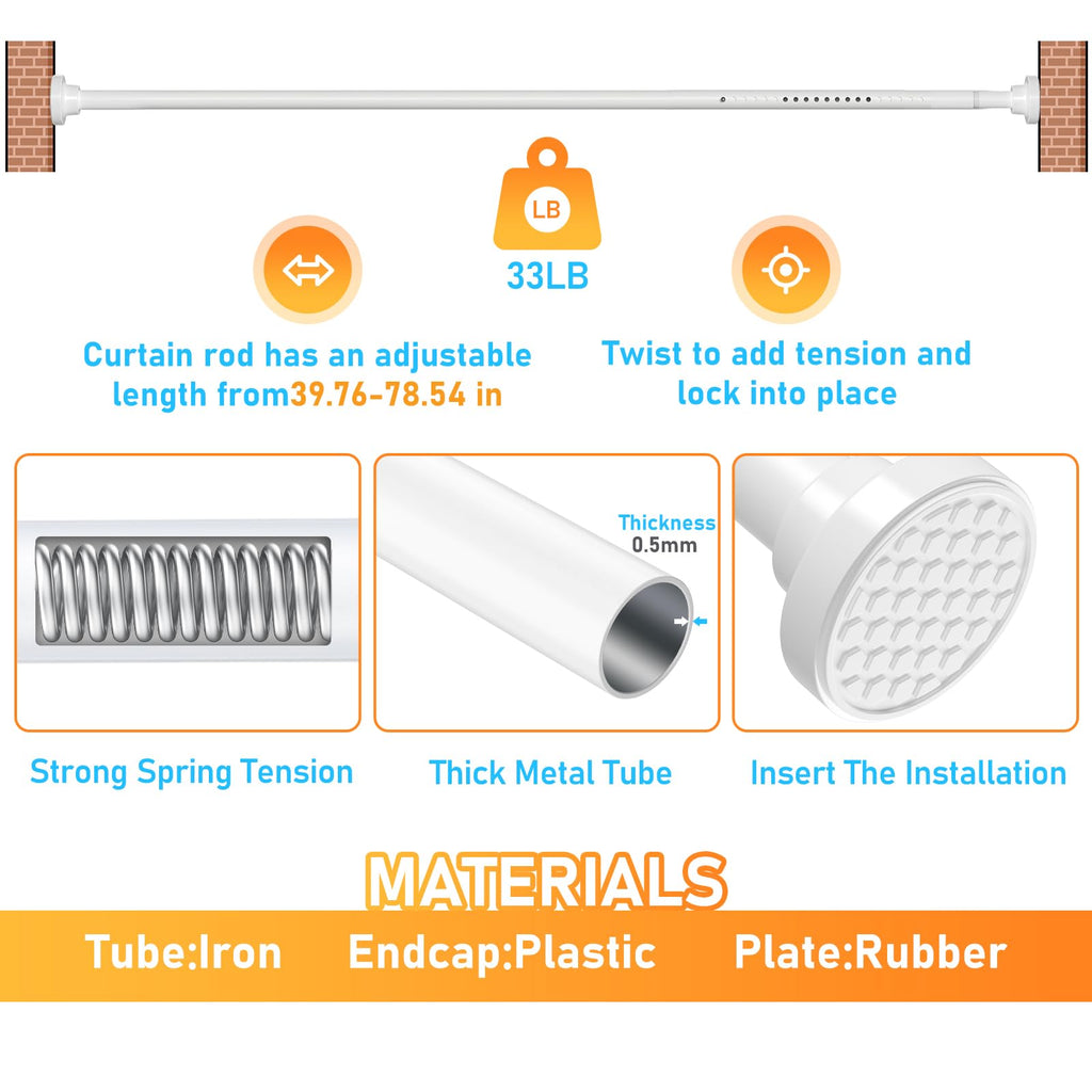 Tension Curtain Rod for Window 40 to 78 Inch, White, 1.26" Diameter
