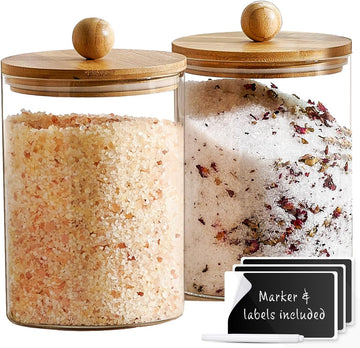 Glass Canisters Counter with Airtight Bamboo Lids + Marker & Labels - 68oz. Large Cookie Jars Wooden Lid - Set of 2