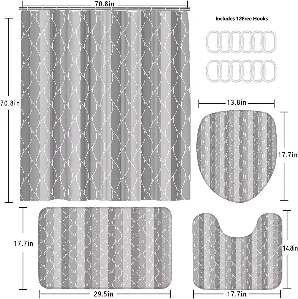 4Pcs Grey Wave Lines Set with Rugs Stripe Bathroom Set