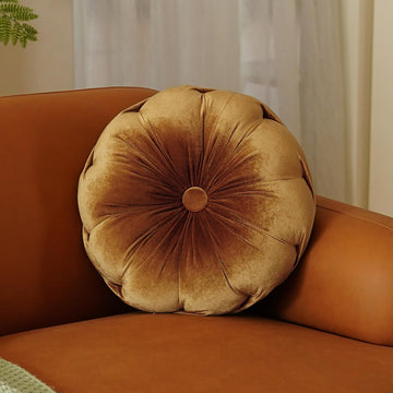 Small Gold Velvet Flower Accent Pillow, 13.7-Inch Round Cushion