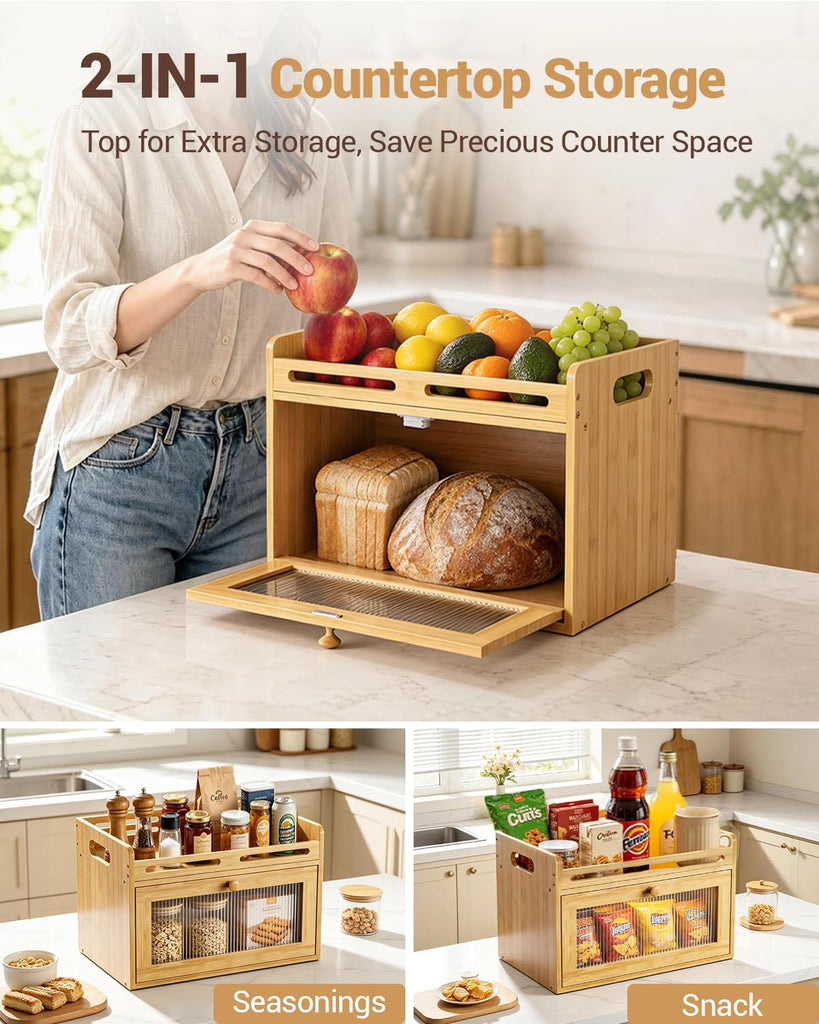 Bread Box - Countertop, Bamboo Storage Container with Top Shelf