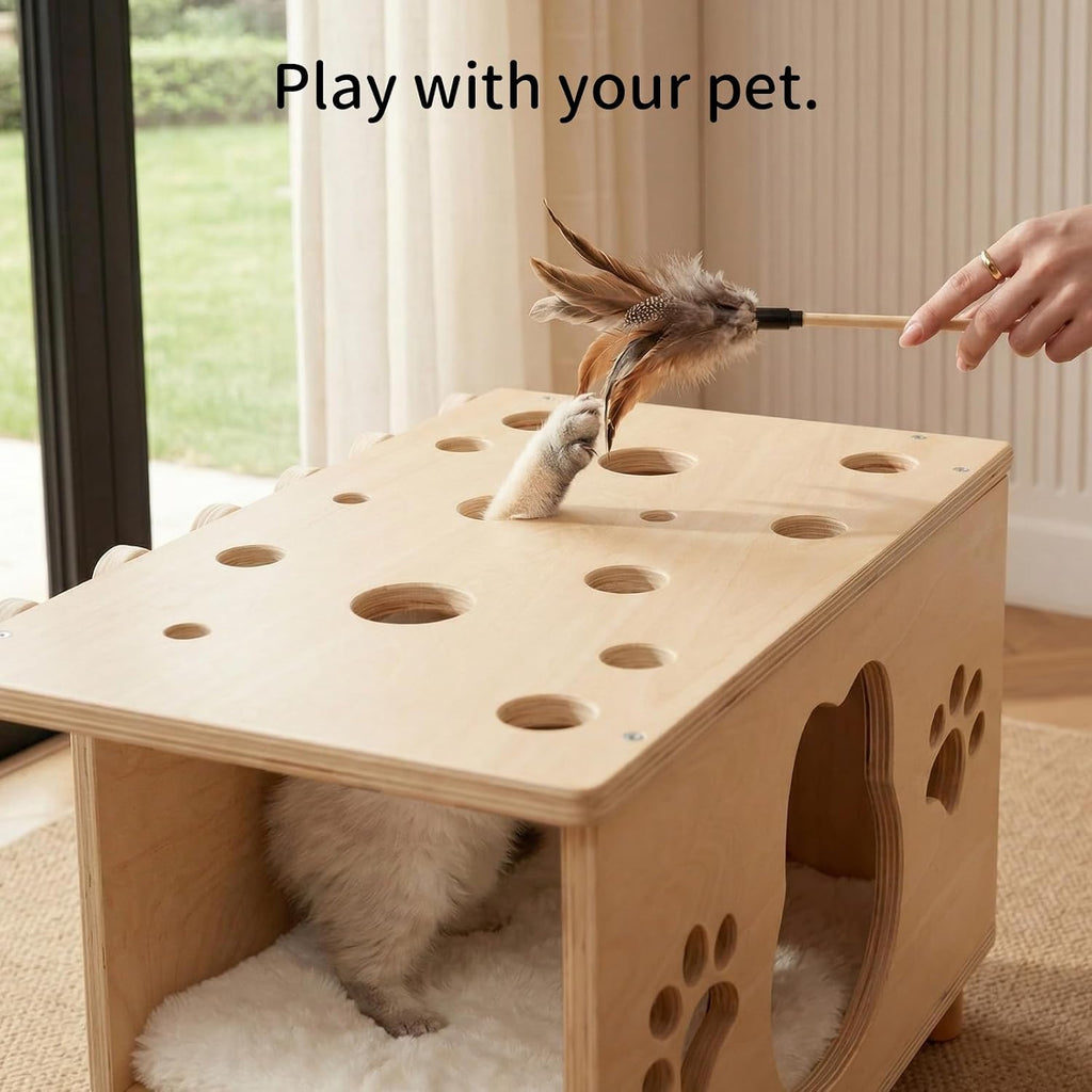 4-in-1 Wooden Cat Beds for Indoor Cats, Breathable Cat Cave with Washable Cushion Cat House