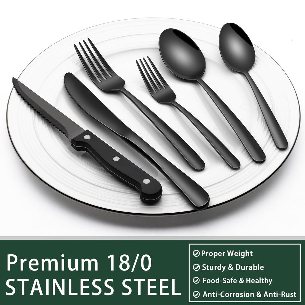 24-Piece Black Silverware Set with Steak Knives, Black Flatware Set for 4, Food-Grade Stainless Steel Tableware
